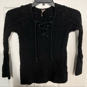 Free People Womens Knit Lace Up Sweater Black Size M Medium.